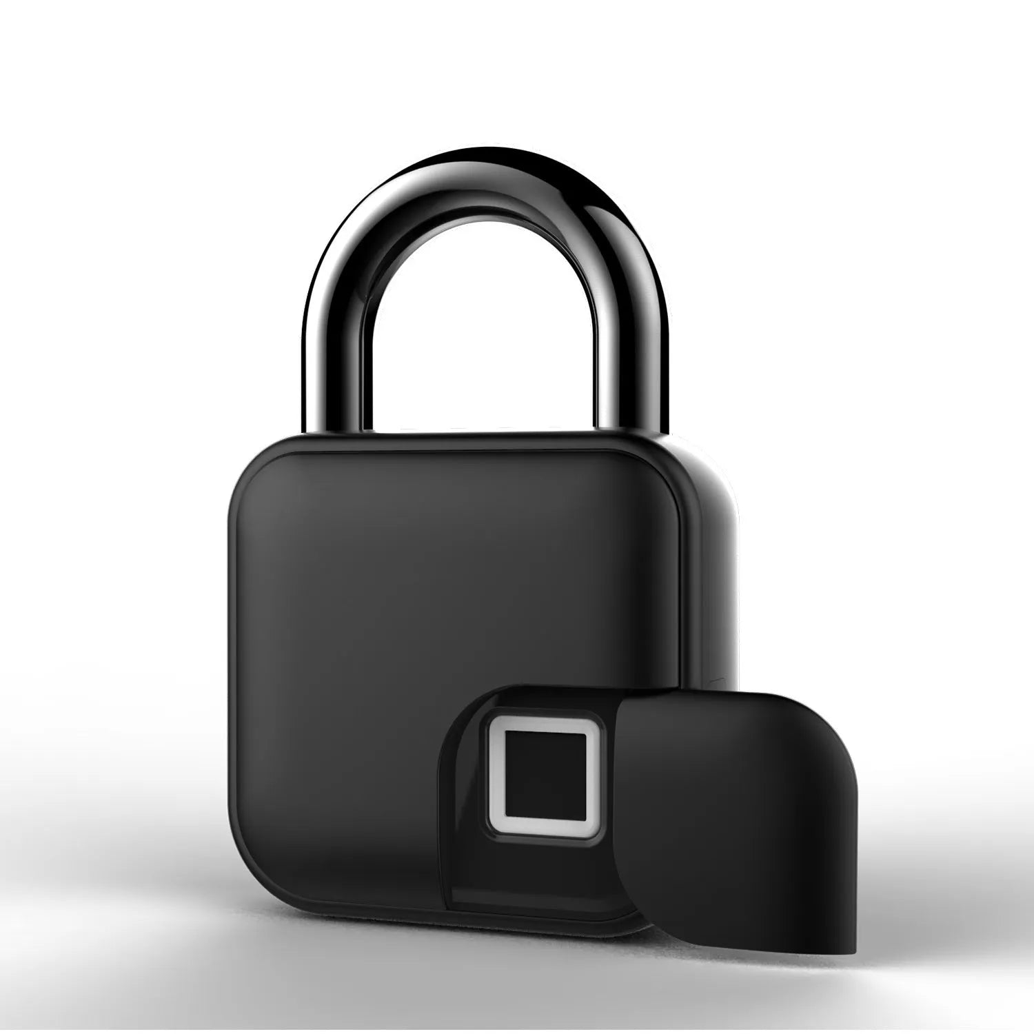 Black zinc alloy smart fingerprint padlock with Bluetooth remote, L3 model, on a blue background