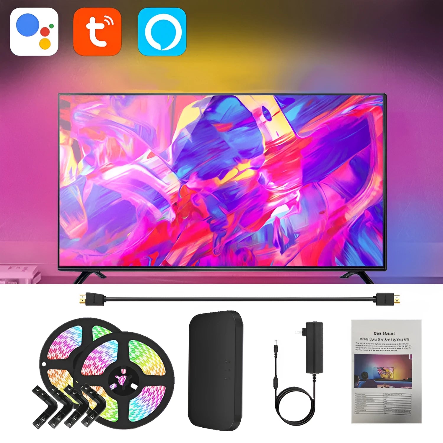 Smart TV sync ambience light streamer with colourful LED lighting behind television
