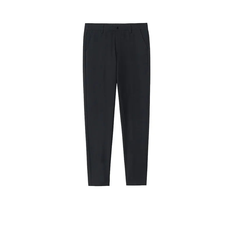 Men's slim straight-leg cotton trousers with drawstring waist in black, grey, or khaki colours
