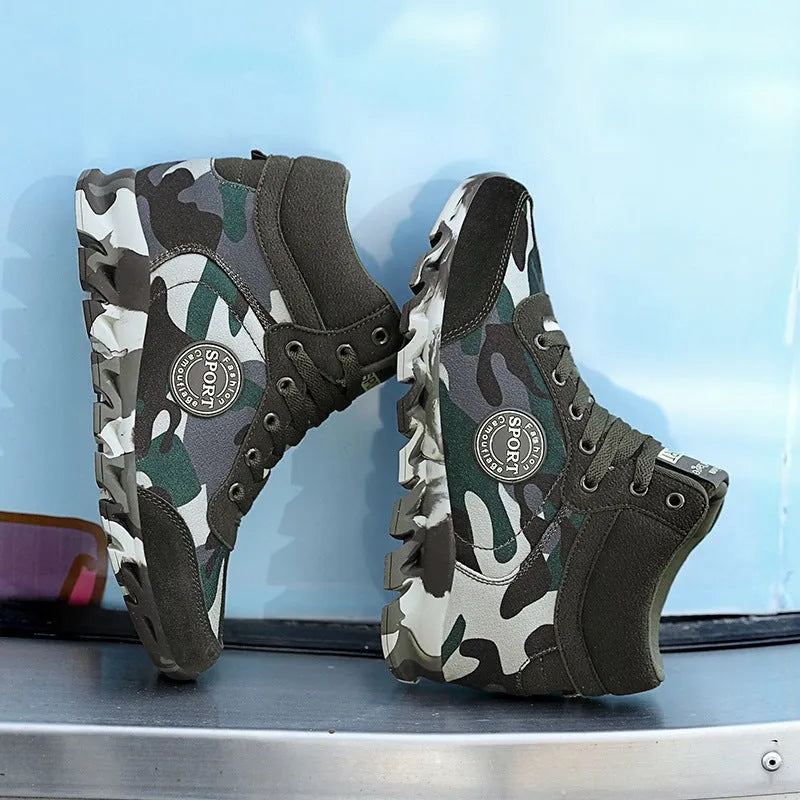 Women's green camouflage print canvas sneakers with rubber sole and lace-up closure.