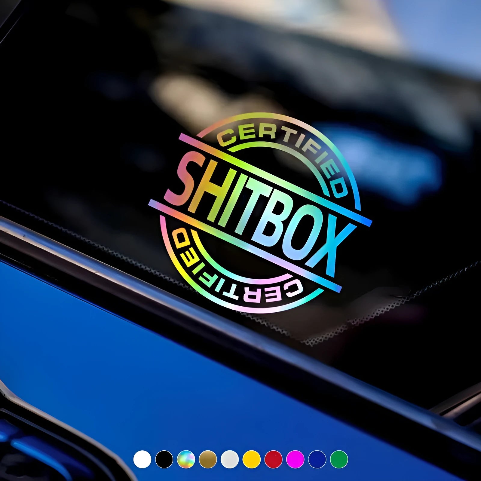 13 by 12 cm vinyl car sticker shown in various colour options on a vehicle door.