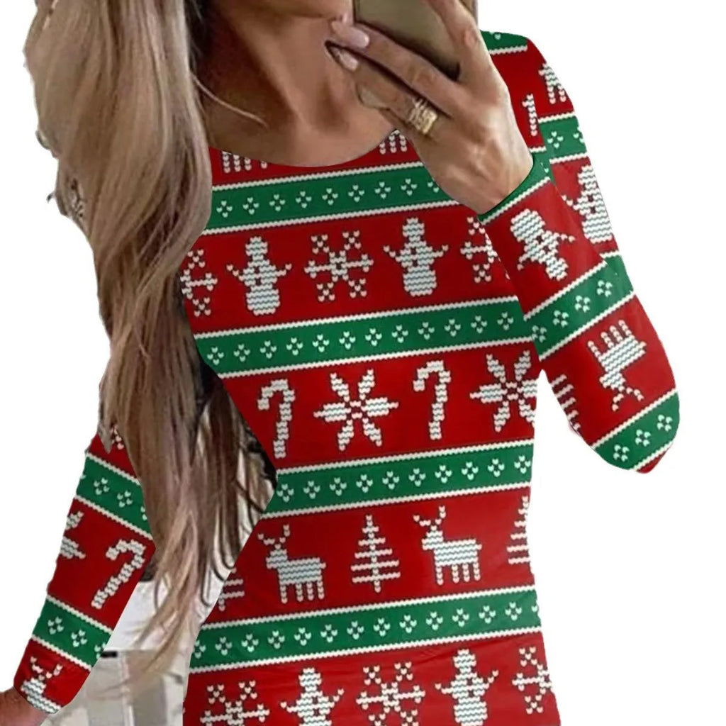 Women's tight-fit long sleeve Christmas dress with animal print in a floral colour, showing round neck and hip skirt.