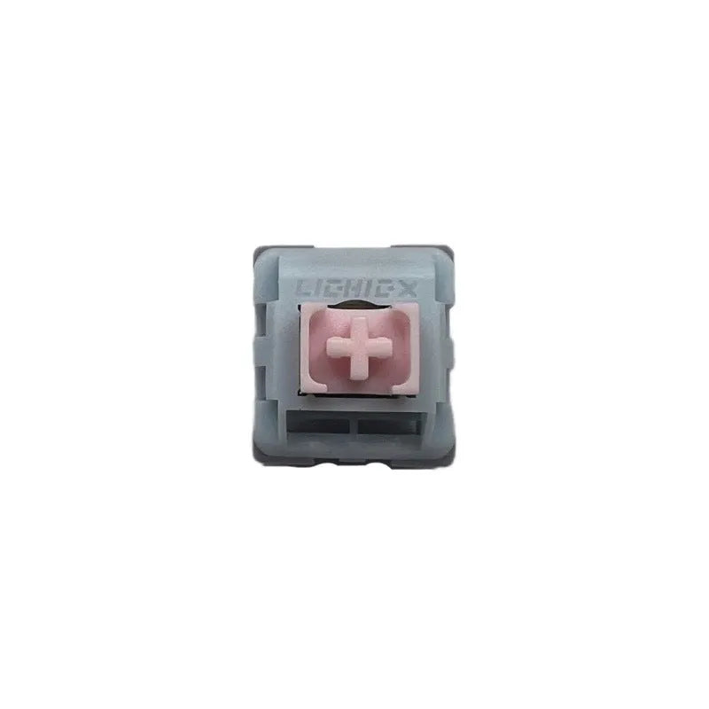 Four Dew Axis-4 coloured linear silent mechanical keyboard switch bottoms showing internal spring and shaft core.