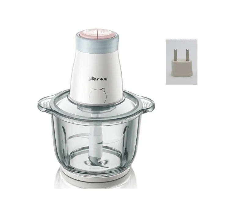 Household electric vegetable chopper with 2L glass bowl and double-layer four-leaf blade