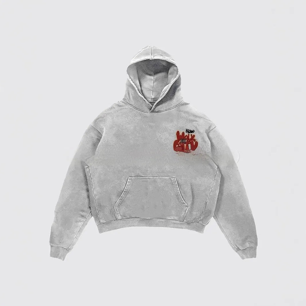 Granny Grey women's hoodie with vintage-style letter print on the front.