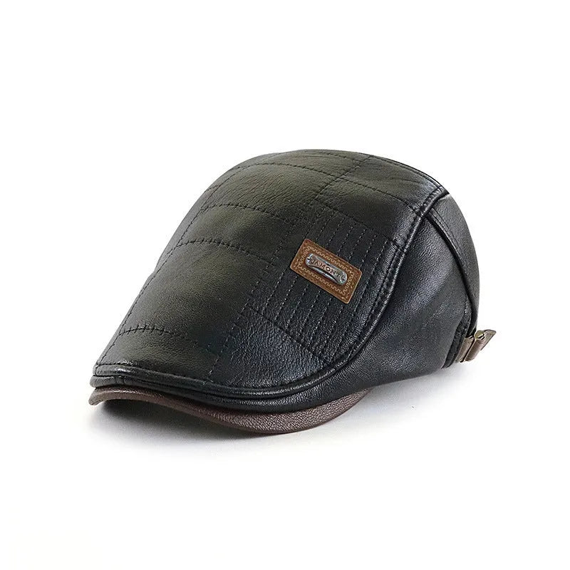 Fashionable all-match PU leather peaked cap with fleece lining in black, dark coffee, and light brown