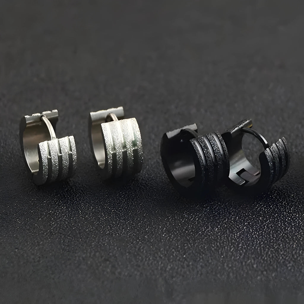 Korean style geometric earrings with frosted finish in titanium steel, showing three-line design