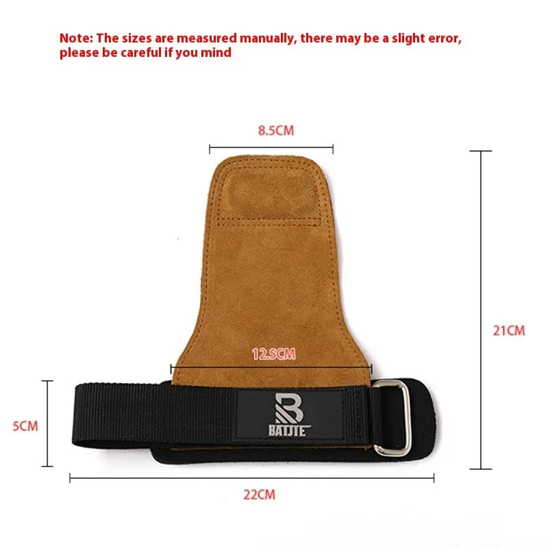 A pair of brown wristband hand protectors for pull-up and bar fitness exercises.