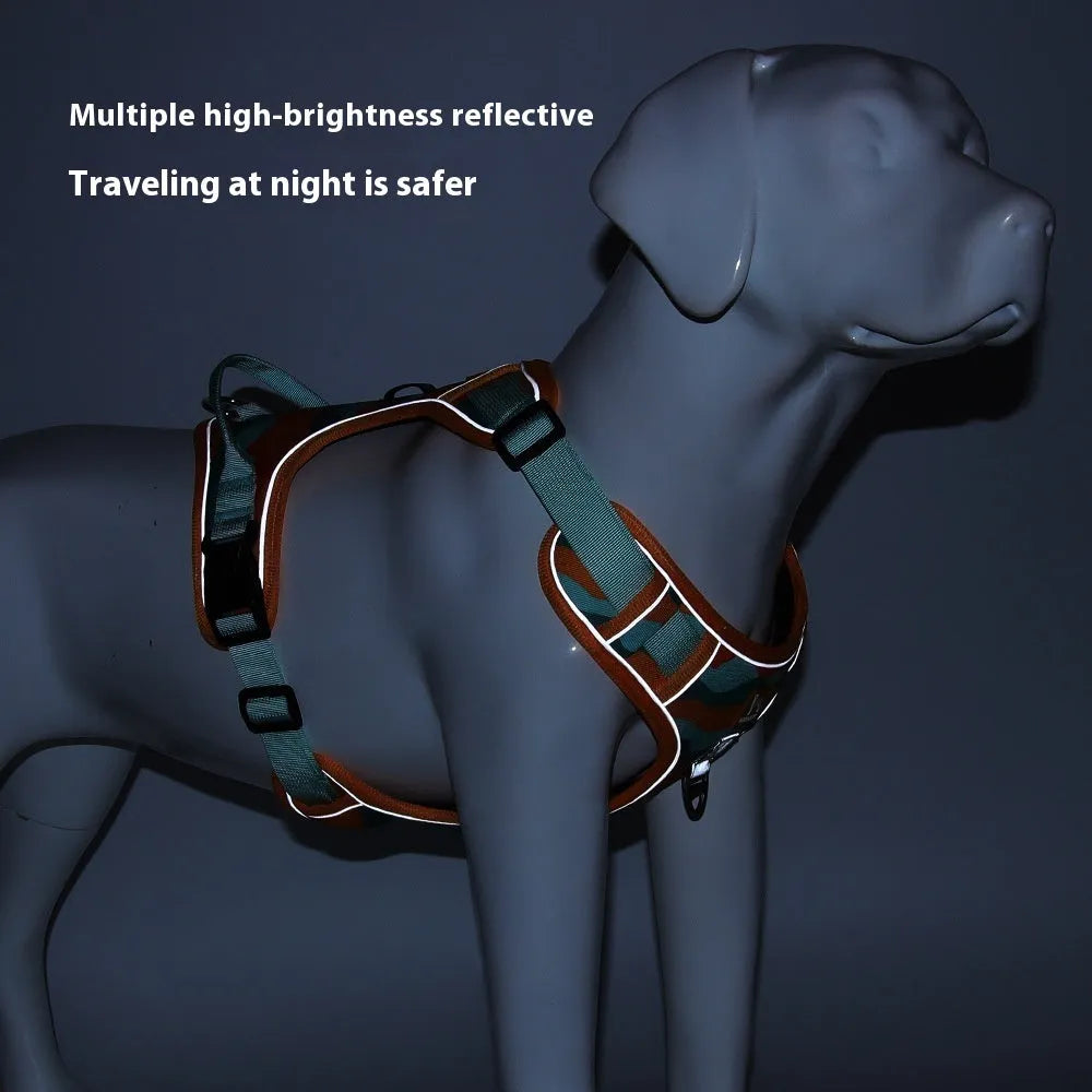 Orange dog harness with reflective strips and an integrated hand-holding rope on a dog's chest and back.