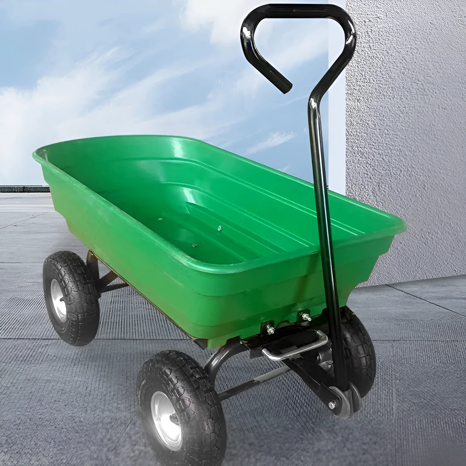Green four-wheel plastic agricultural dumptruck with steel PP construction and 350kg load capacity