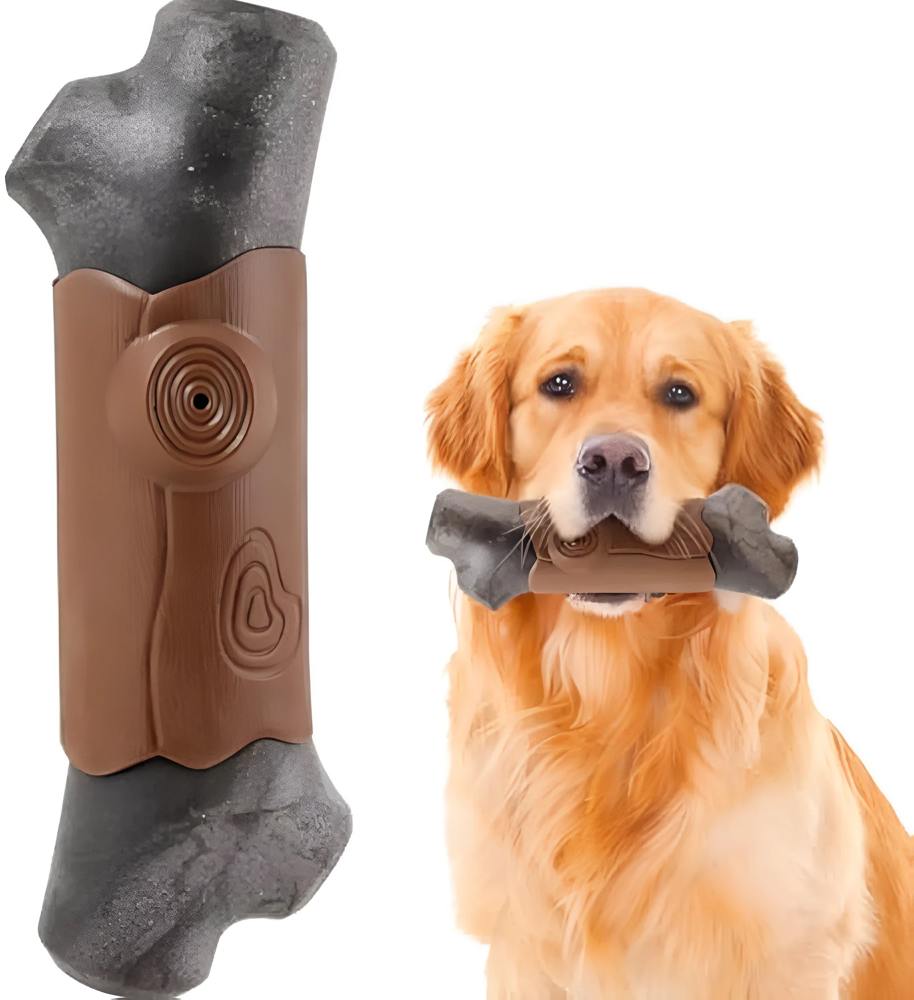 Large, branch-shaped durable nylon dog chew toy for aggressive chewing, shown with bacon flavour and squeaker.