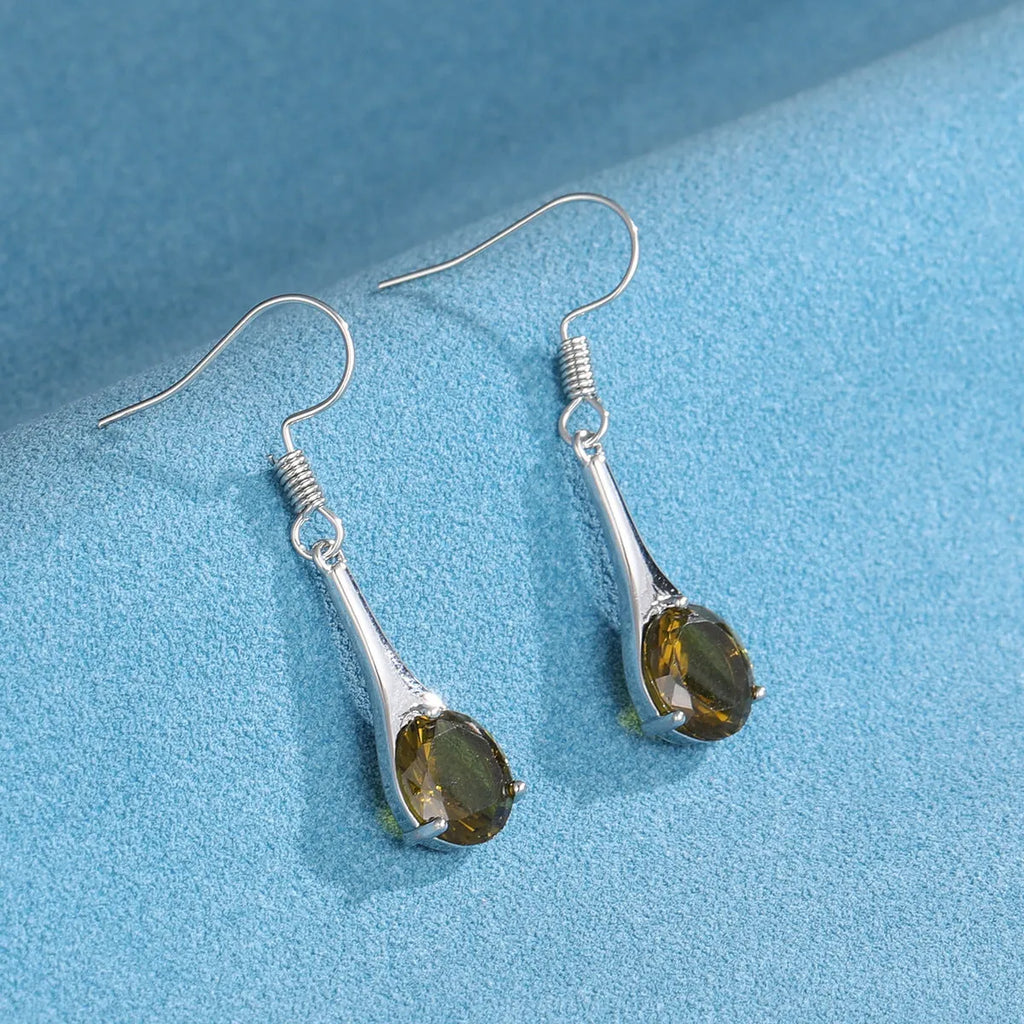 Olive green topaz drop earrings with water drop shape and minimalist retro design