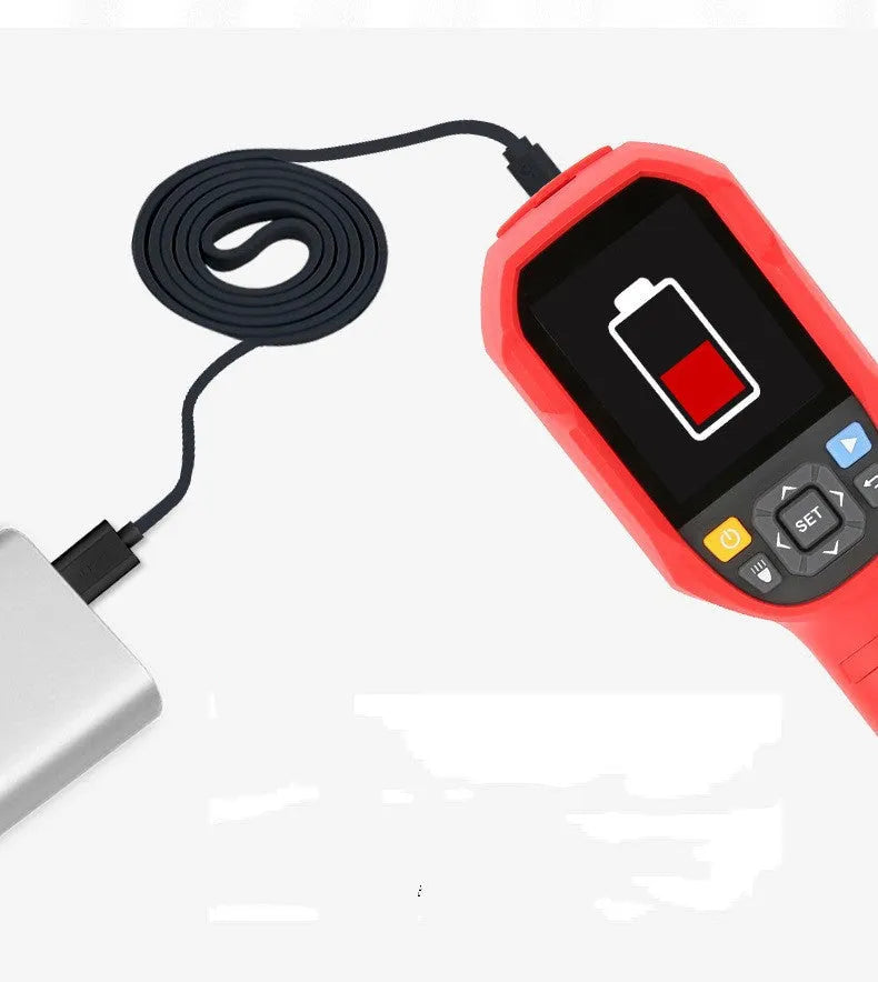 UTi-series handheld infrared thermal imaging camera with display screen on a workbench.