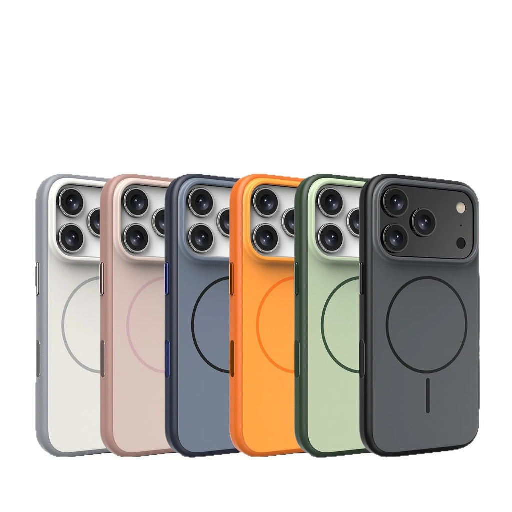 Frosted blue magnetic iPhone case with a built-in AI photography button on the side.