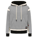 Women's USB heated jacket hoody in black, with brushed fabric and knitted construction, shown outdoors in cold weather