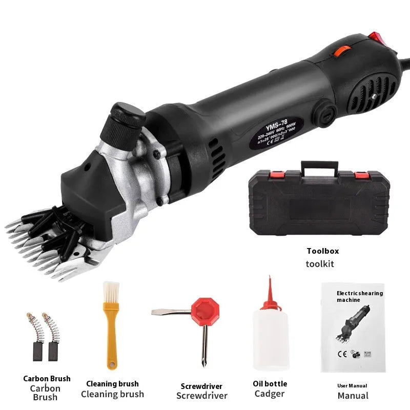 Yellow electric wool shearing machine with 13-tooth cutter and accessories kit for 110V outlet.