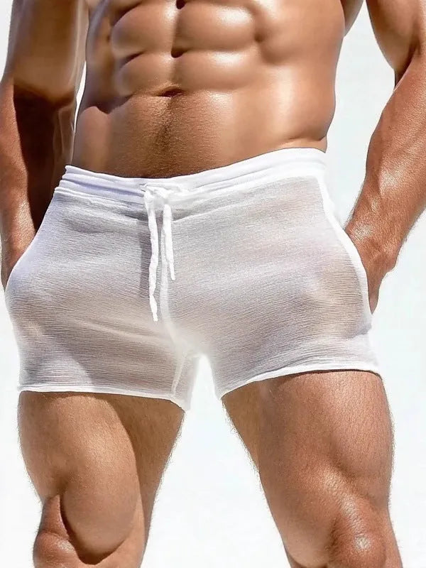 Plus size men's white sexy lacing fitness shorts with high elasticity polyester fabric