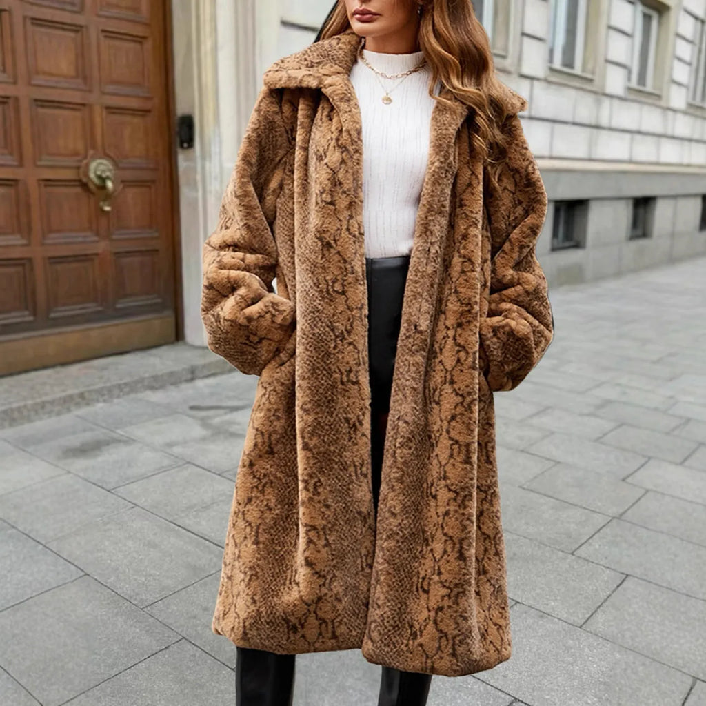 Women's brown leopard print artificial fur plush coat with knee-length design