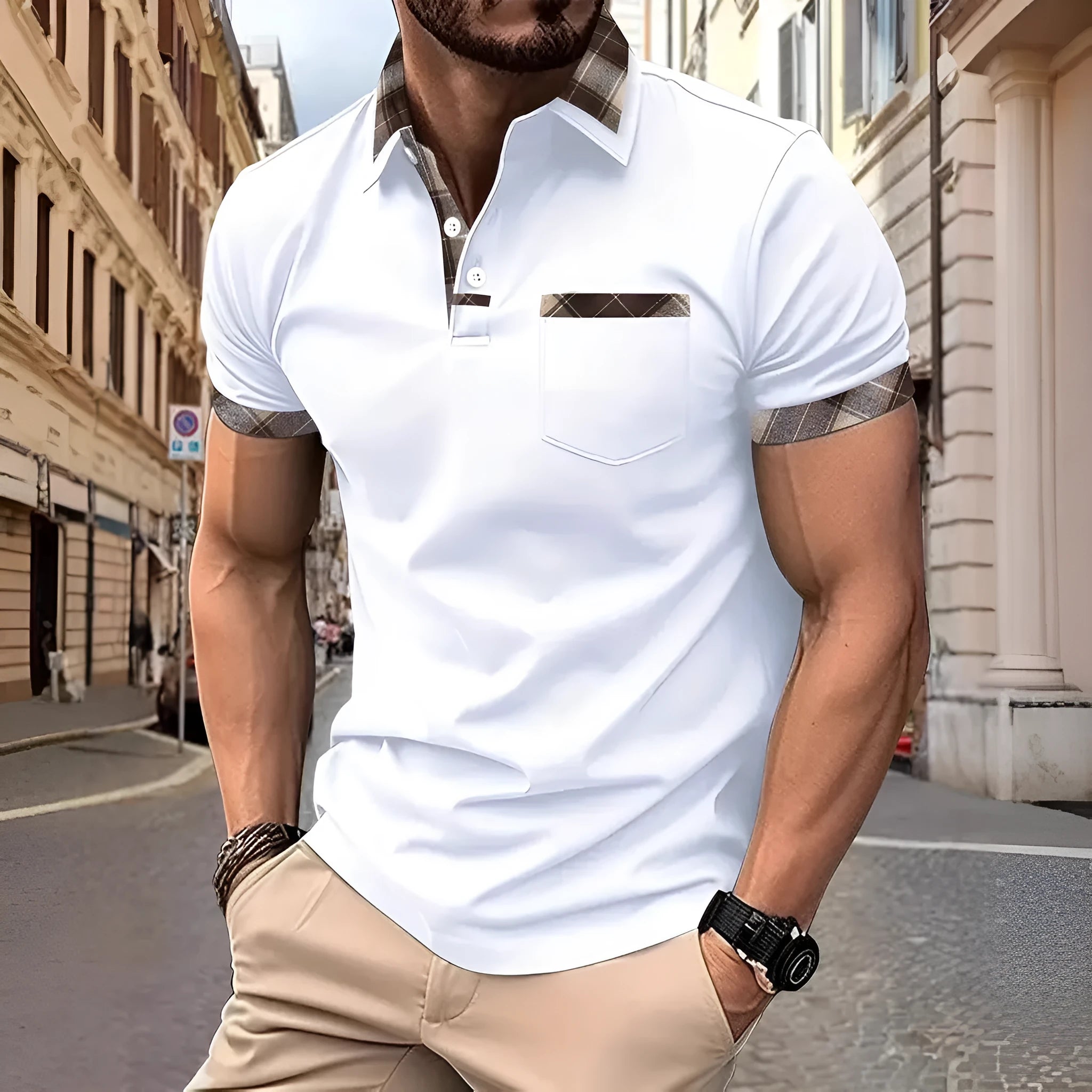 Men's loose fit short sleeve t-shirt with colourblock plaid design and zip decoration.