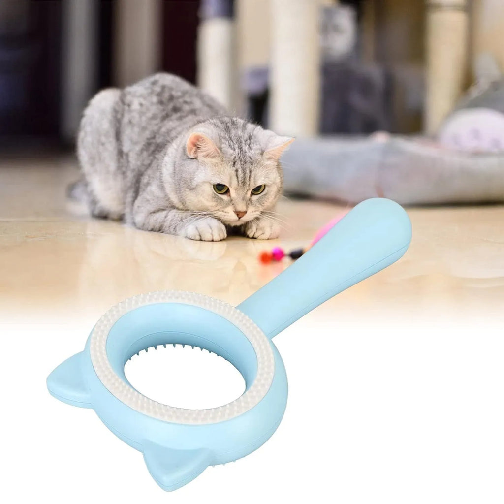Blue and white double-sided pet grooming brush with ergonomic handle and quick clean-up button