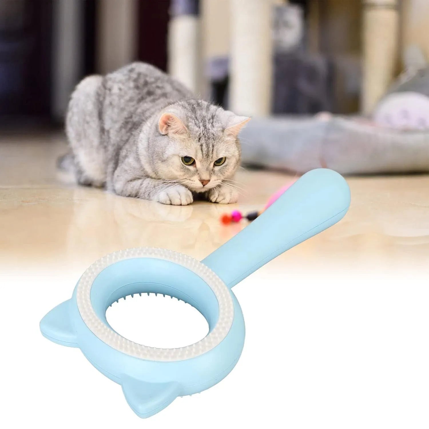 Blue and white double-sided pet grooming brush with ergonomic handle and quick clean-up button