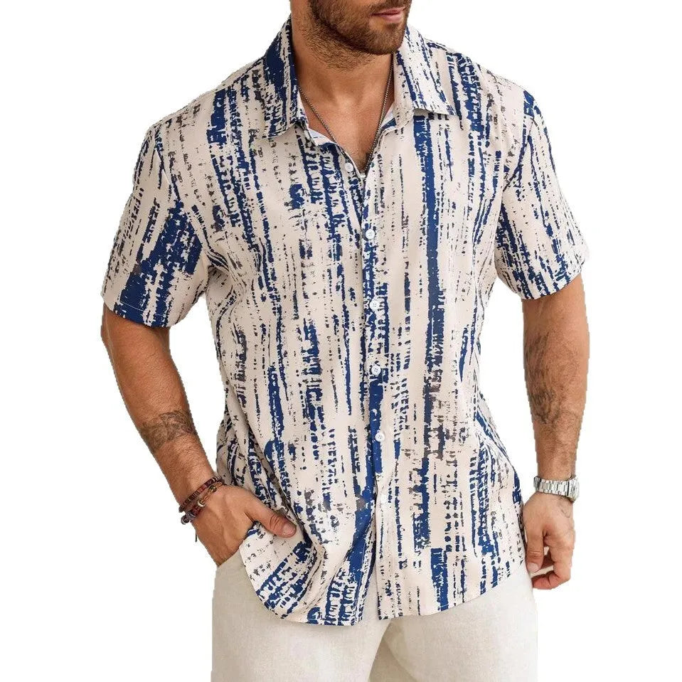 Man wearing a striped 3D digitally printed short sleeve casual shirt in light blue.