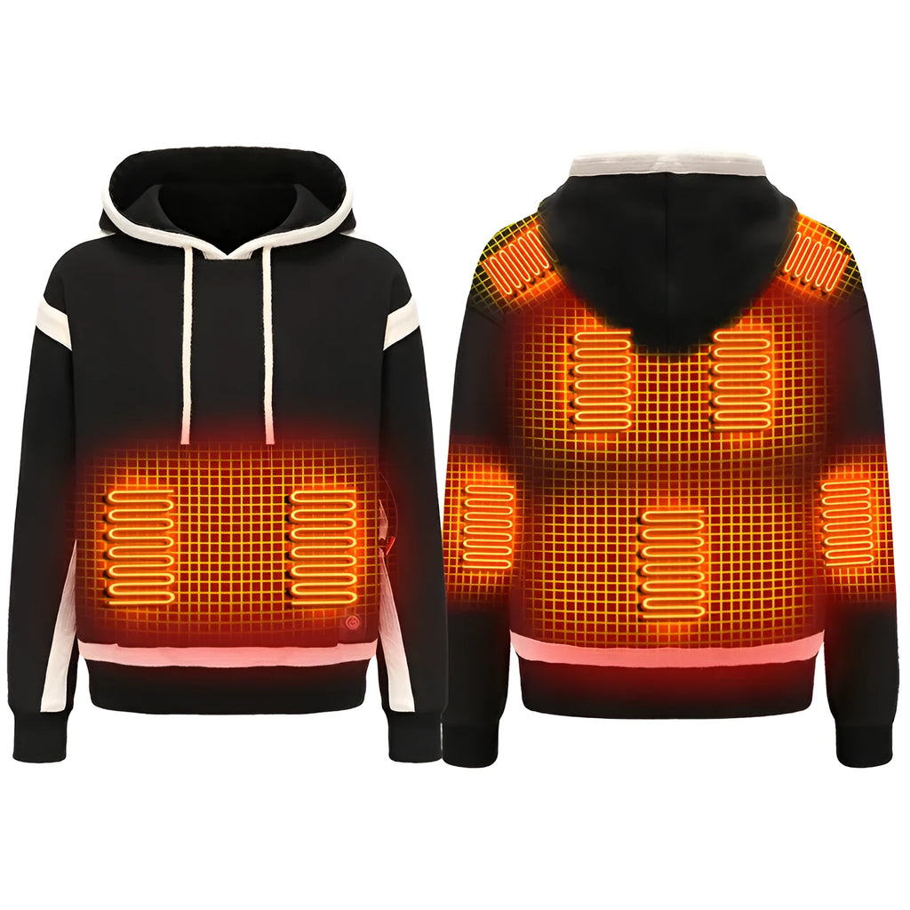 Women's USB heated jacket hoody in black, with brushed fabric and knitted construction, shown outdoors in cold weather
