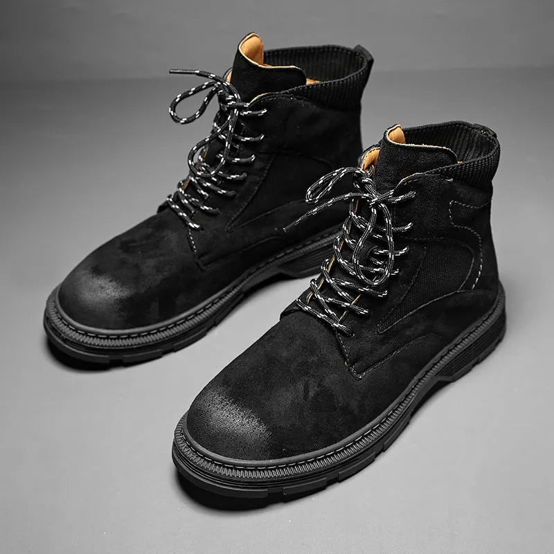 Men's vintage Martin boots in black with a round toe, low thick heel, and rubber sole.