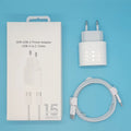 PD20W mobile phone charger with USB port and choice of American or European plug.