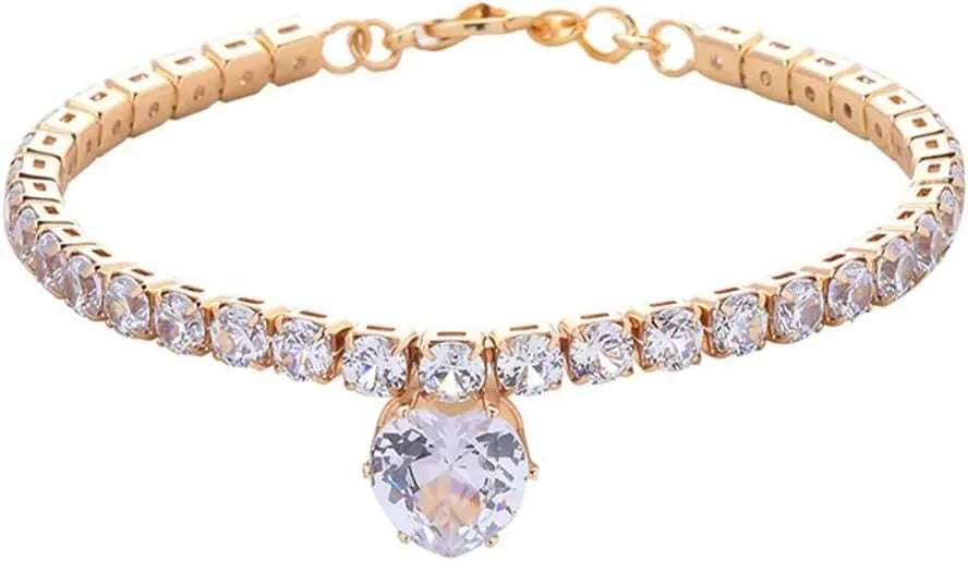 Gold rhinestone heart shaped pet collar for dogs and cats with adjustable chain