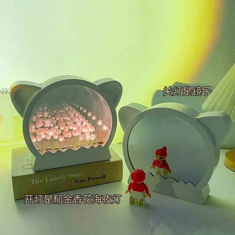 DIY cat head shaped night light kit with colourful handmade tulip flowers for bedside decor.