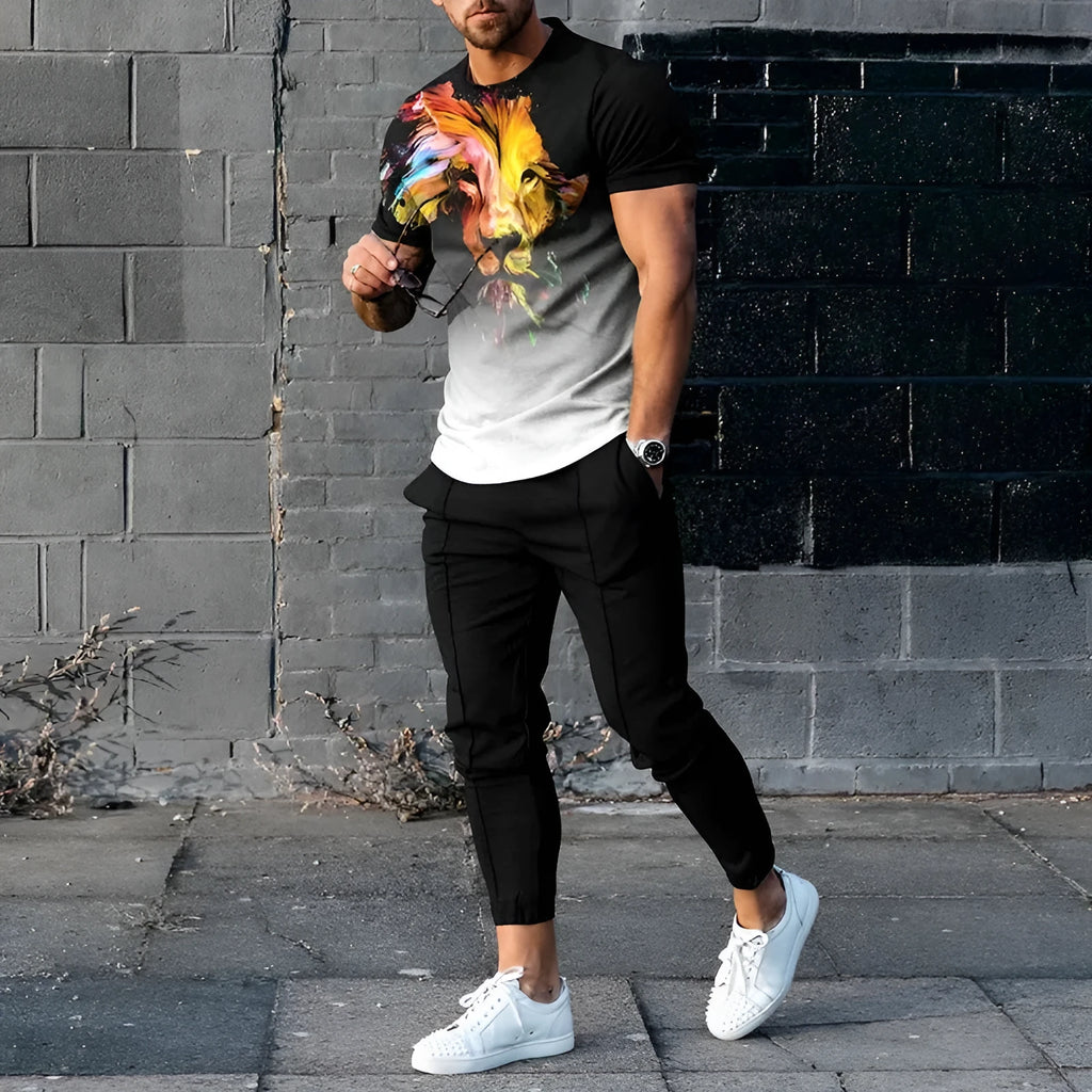 Man wearing a short sleeve round neck pullover and matching trousers from the polyester sports set.