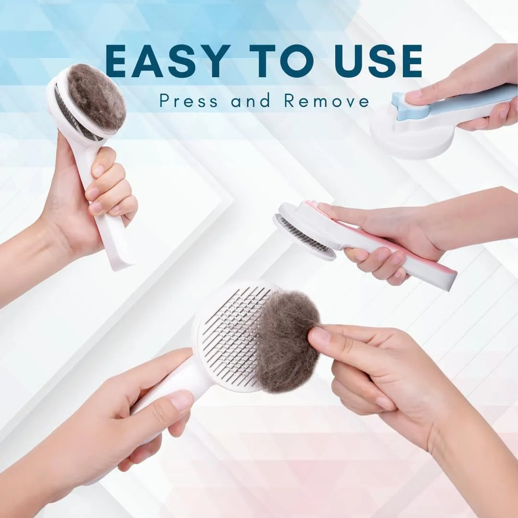 Self-cleaning pet grooming brush with stainless steel tips and blue rubber handle