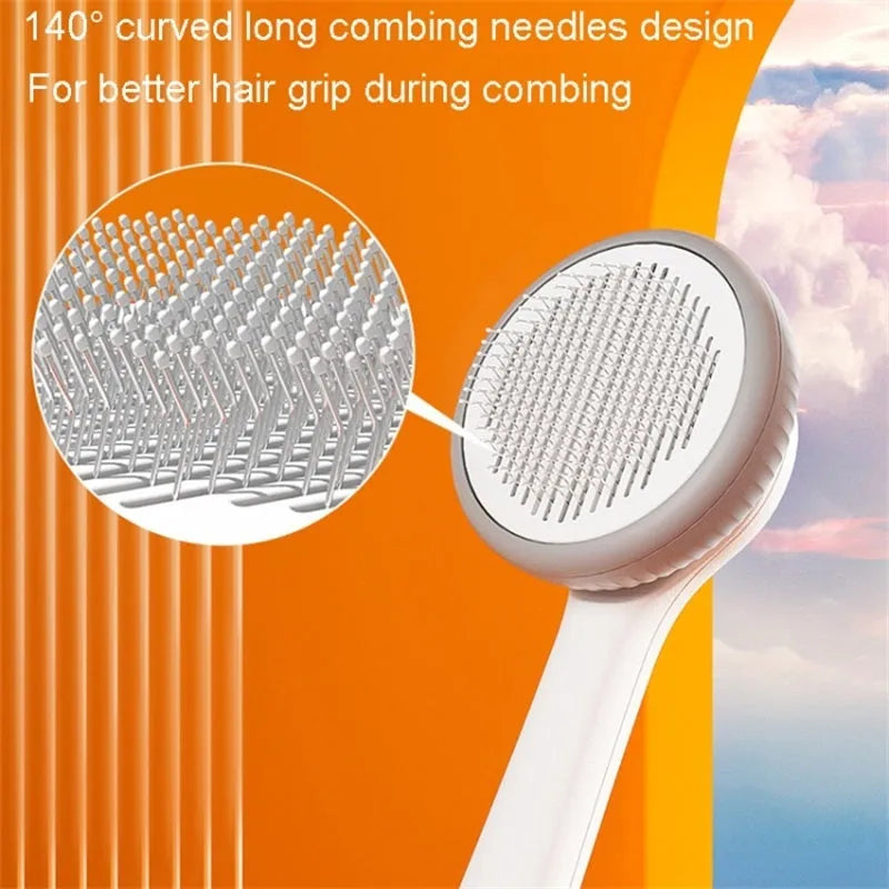 Blue and white self-cleaning pet grooming brush with massage nodules for cats and dogs