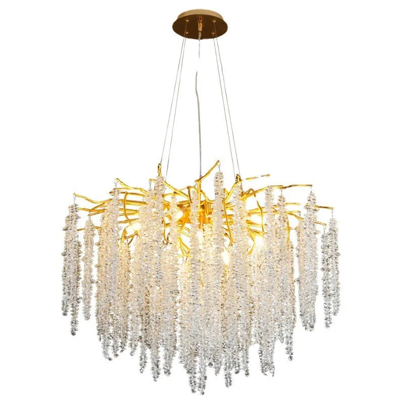 Adjustable height crystal chandelier lamp in round and long styles for living room or dining room.