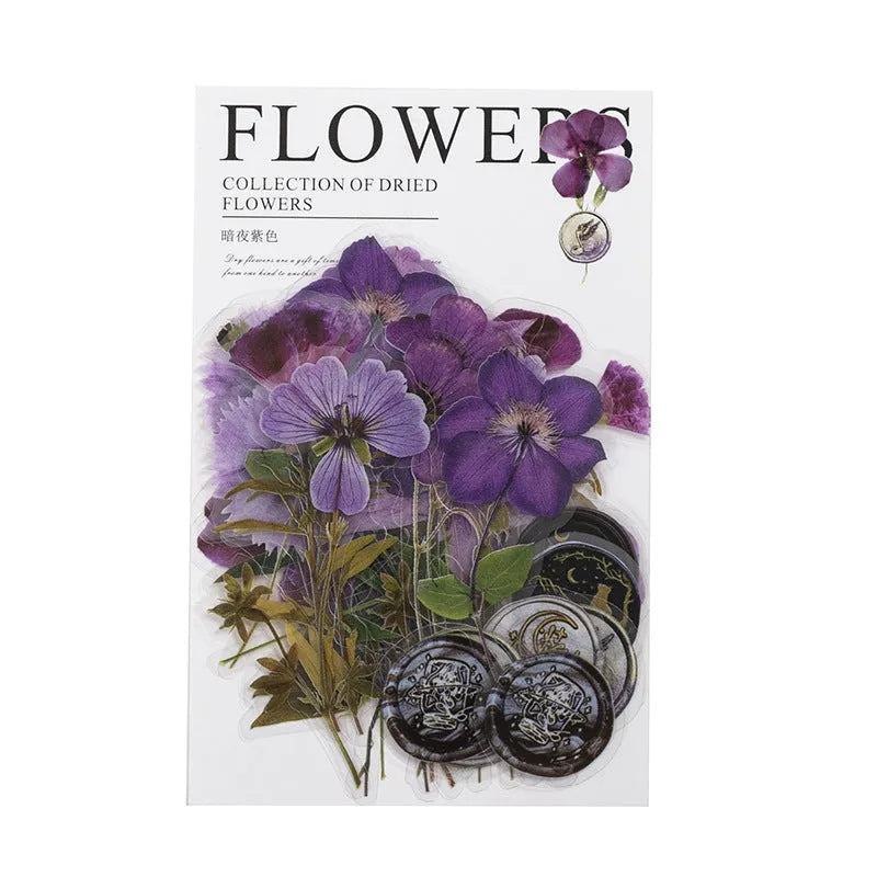 Dried flower journal decoration sticker set showing eight artistic styles on 70mm PET sheets