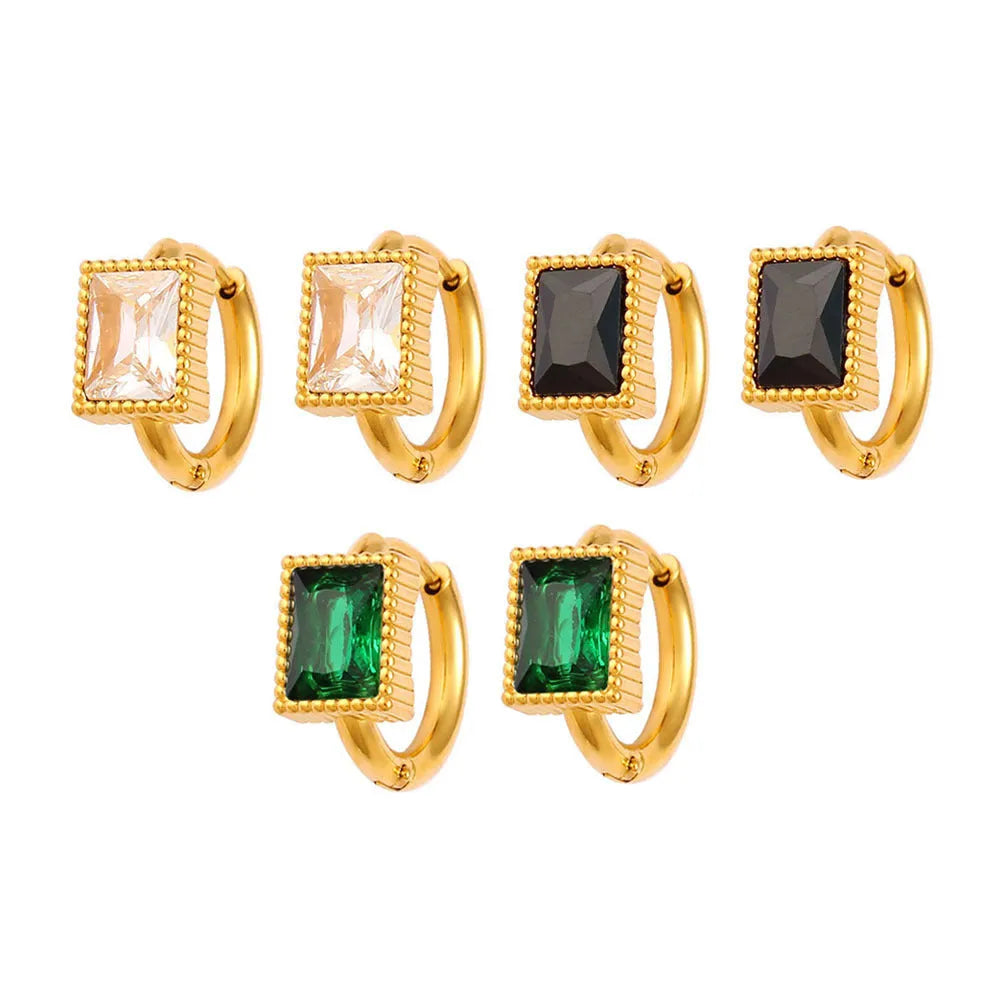 Square zircon geometric stainless steel earrings in white, black, or green colour on a white background.