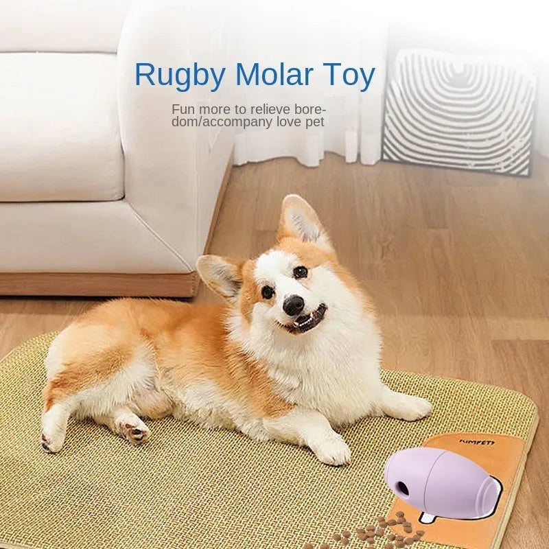 Silicone rugby ball dog chew toy with treat dispenser in four colour variations