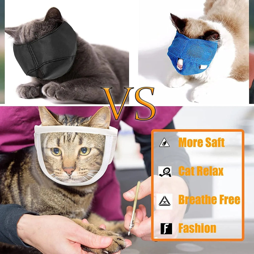 Clear PVC cat muzzle with cotton lining shown in S and M sizes for grooming and training