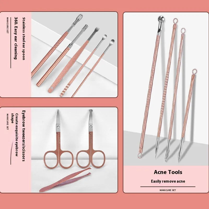30-piece stainless steel nail beauty tool set displayed in open case, showing various grooming implements.