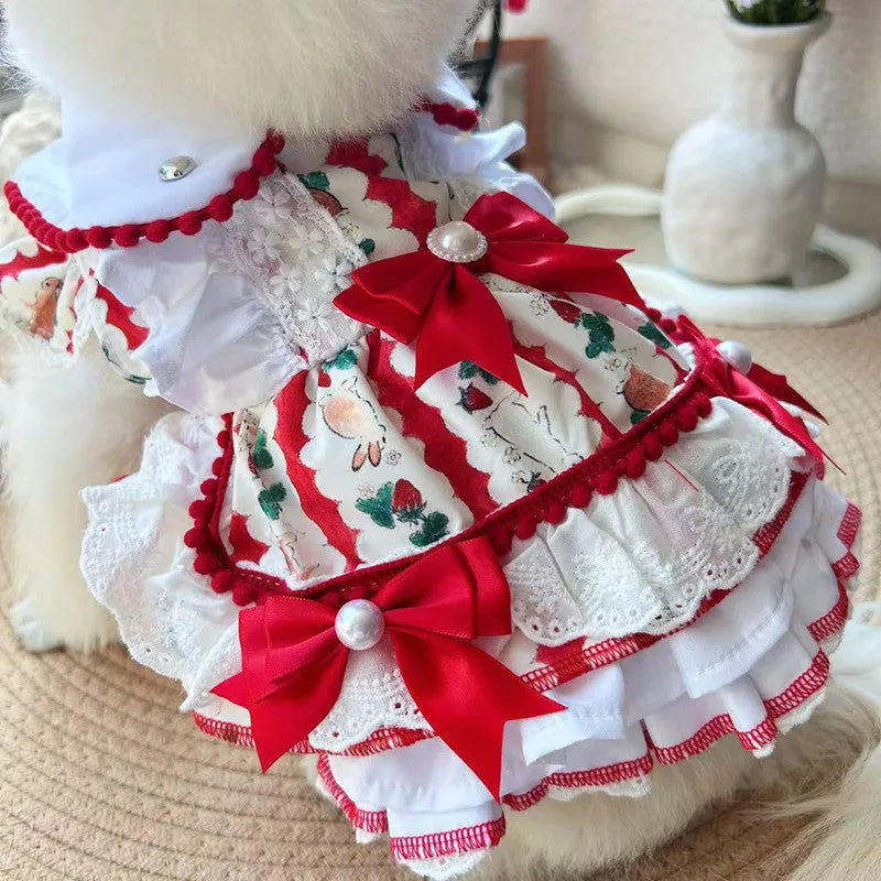 Princess style rabbit skirt dog dress in polyester on a small dog mannequin