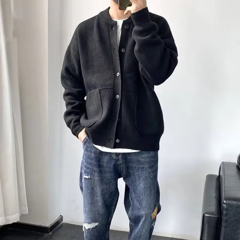 Men's loose fit wool cardigan sweater with round neck in black colour option Hong Kong style