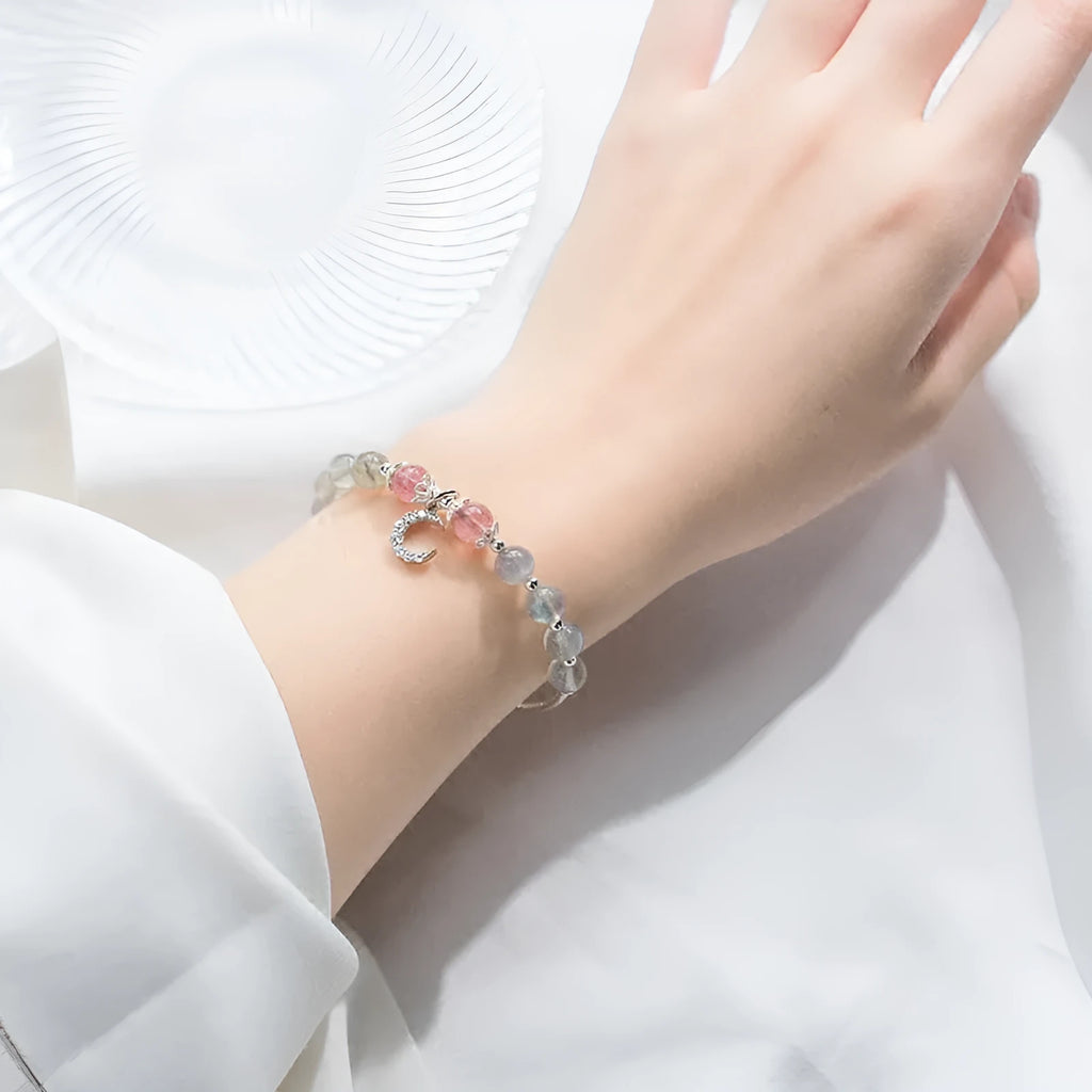 Natural moonstone handmade bracelet with adjustable chain and moon charms