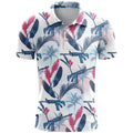 Loose-fit 3D printed short sleeve sports top in bird eye cloth polyester on a hanger.