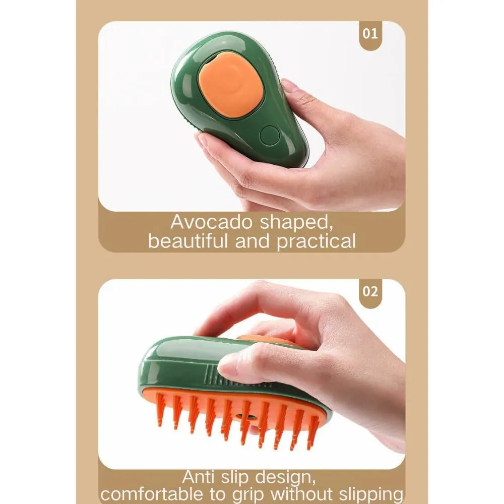 Green and white rechargeable cat steam brush with silicone teeth and water spray nozzle.