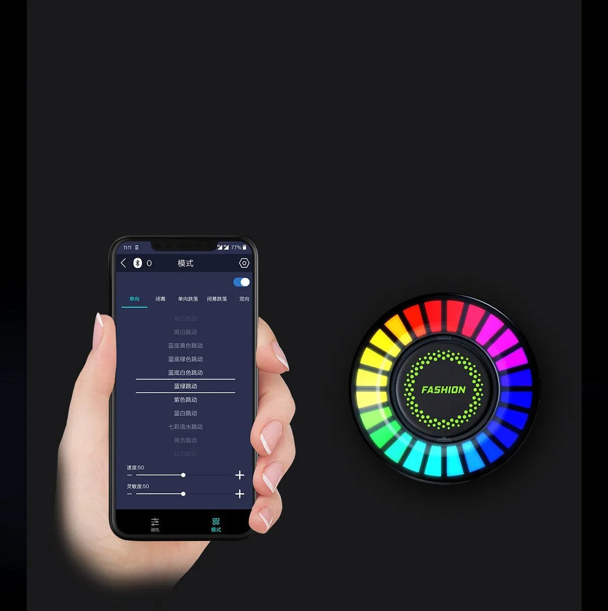 Car air vent aromatherapy unit with colourful RGB lights and choice of scent styles.