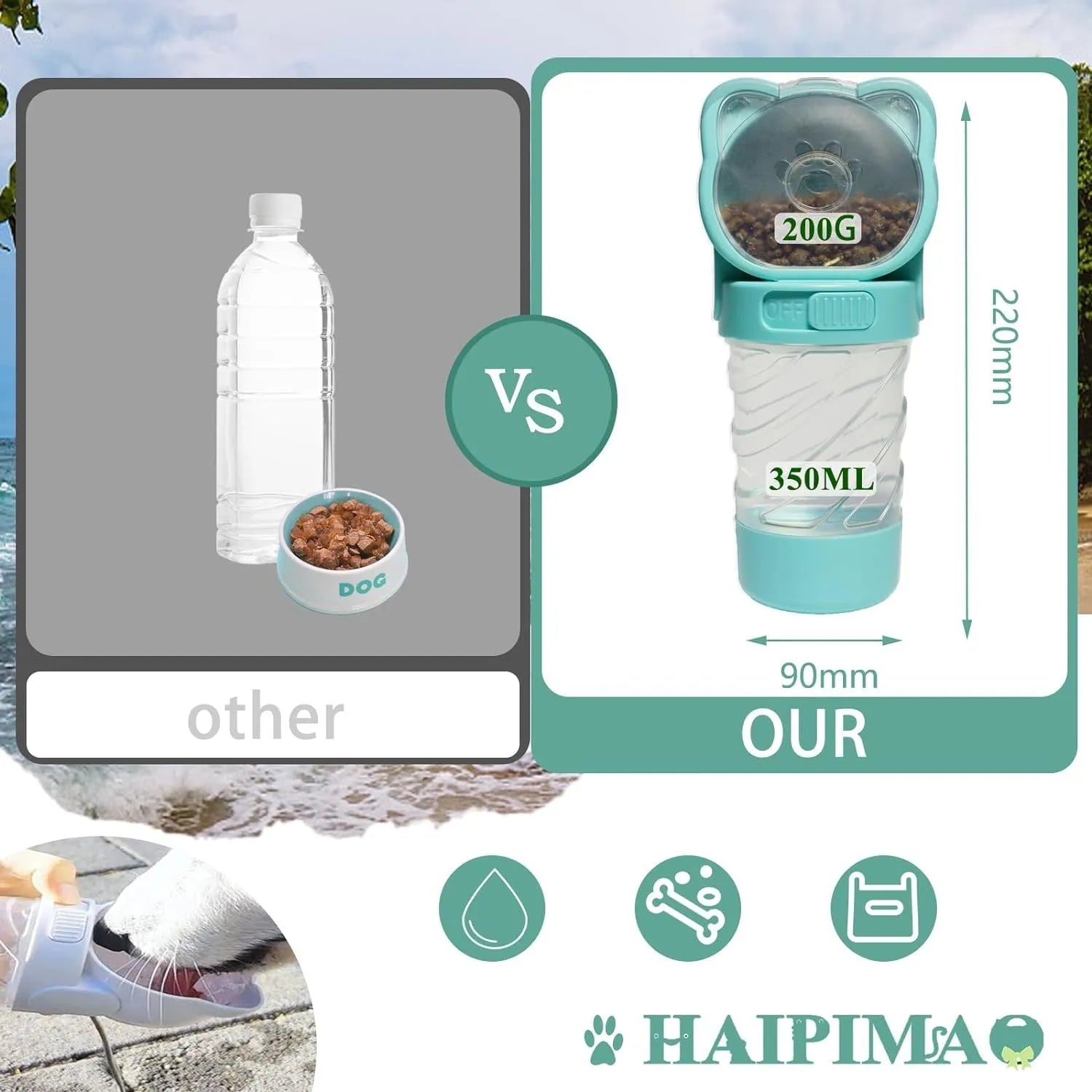 Green 3-in-1 portable pet water bottle with attached bowl, food container, and waste bag dispenser.