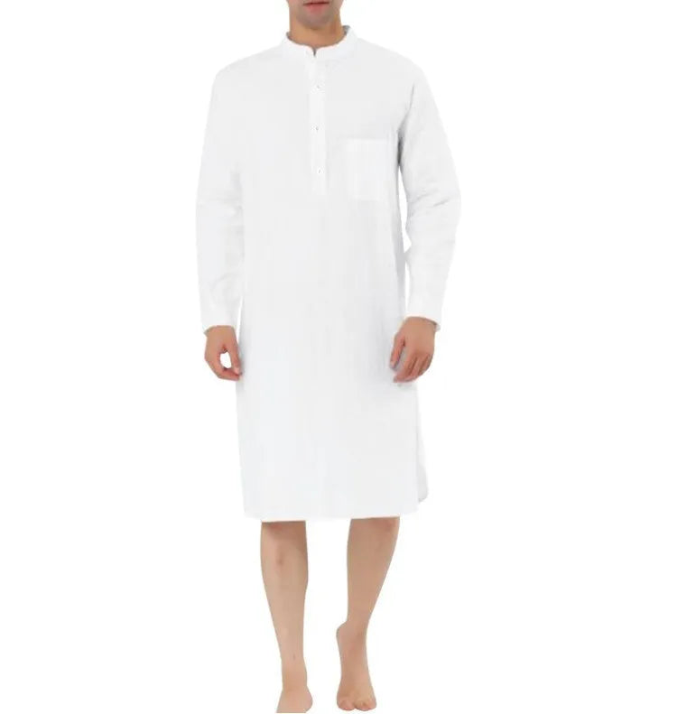 Men's cotton shirt robe in light blue colour with front pocket and shirt-style design