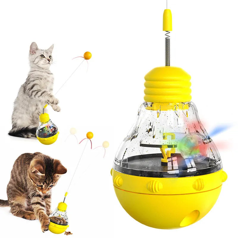 Yellow cat toy wand with bouncing teaser stick, plastic ball, ribbon, and slow feeder compartment