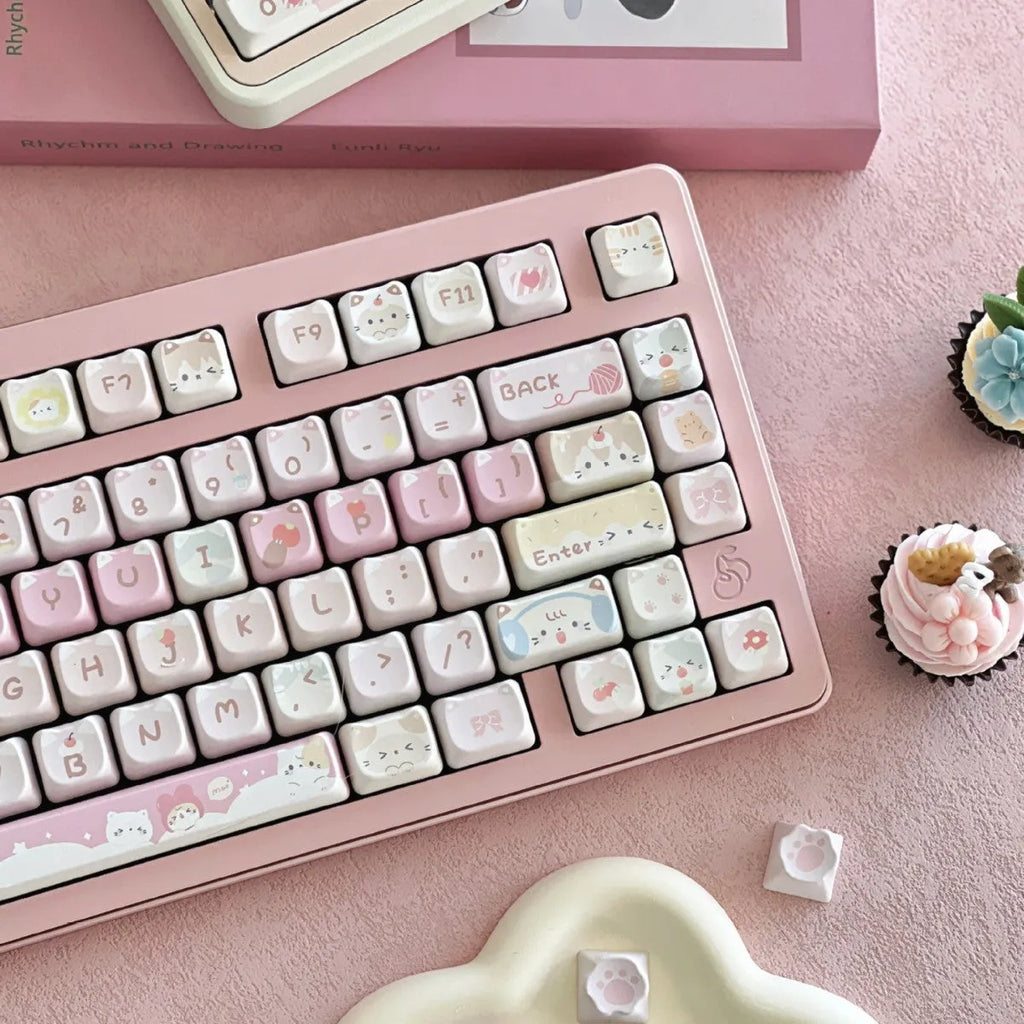 Meow Meow Team 141-piece sublimation keycap set showing colourful anime character designs on plastic keyboard keycaps